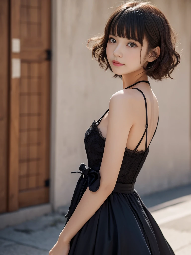 (walking,from Side),(Highest quality, Very detailed, masterpiece:1.2), 1 female, Very thin body, length, Thin legs, ((Black wavy short hair:1.2)), ((Thick and fluffy bangs)), Very detailedな顔,A faint smile, small, Thin Nose, small thin mouth, Extremely sharply focused eyes, Japanese, Beautiful Face, Realistic eyes, Beautiful and beautiful eyes, Realistic Skin, Beautiful Skin, charm, (Lively Faces), (flowing summer dress camisole evening), Creepy and unique hairstyles, High resolution, Vibrant color palette, , Tim Burton's signature dark shadows and strange details, Shooting from below,background