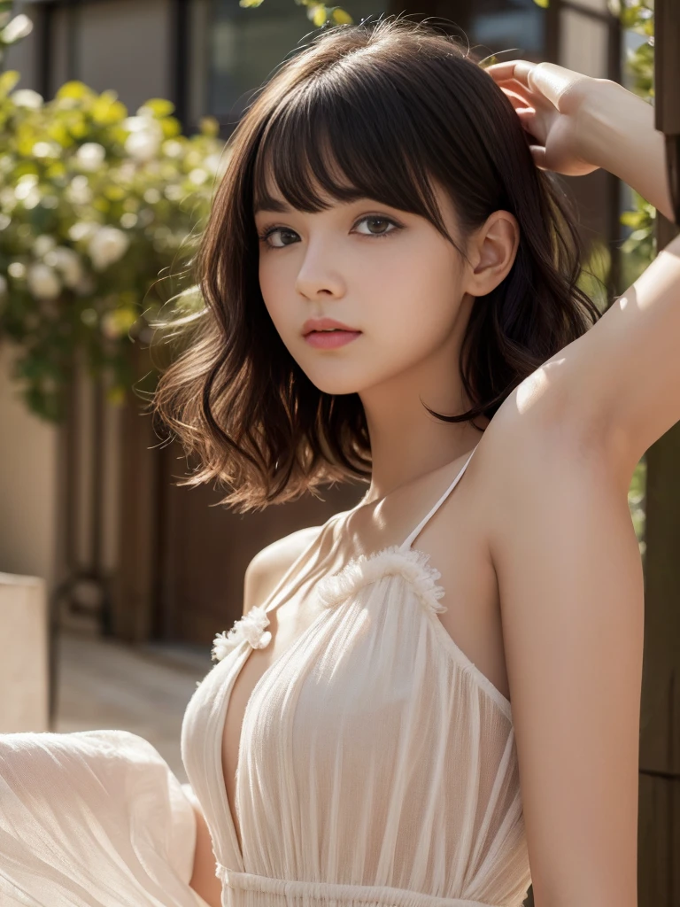 (walking,from Side),(Highest quality, Very detailed, masterpiece:1.2), 1 female, Very thin body, length, Thin legs, ((Black wavy short hair:1.2)), ((Thick and fluffy bangs)), Very detailedな顔,A faint smile, small, Thin Nose, small thin mouth, Extremely sharply focused eyes, Japanese, Beautiful Face, Realistic eyes, Beautiful and beautiful eyes, Realistic Skin, Beautiful Skin, charm, (Lively Faces), (flowing summer dress camisole evening), Creepy and unique hairstyles, High resolution, Vibrant color palette, , Tim Burton's signature dark shadows and strange details, Shooting from below,background