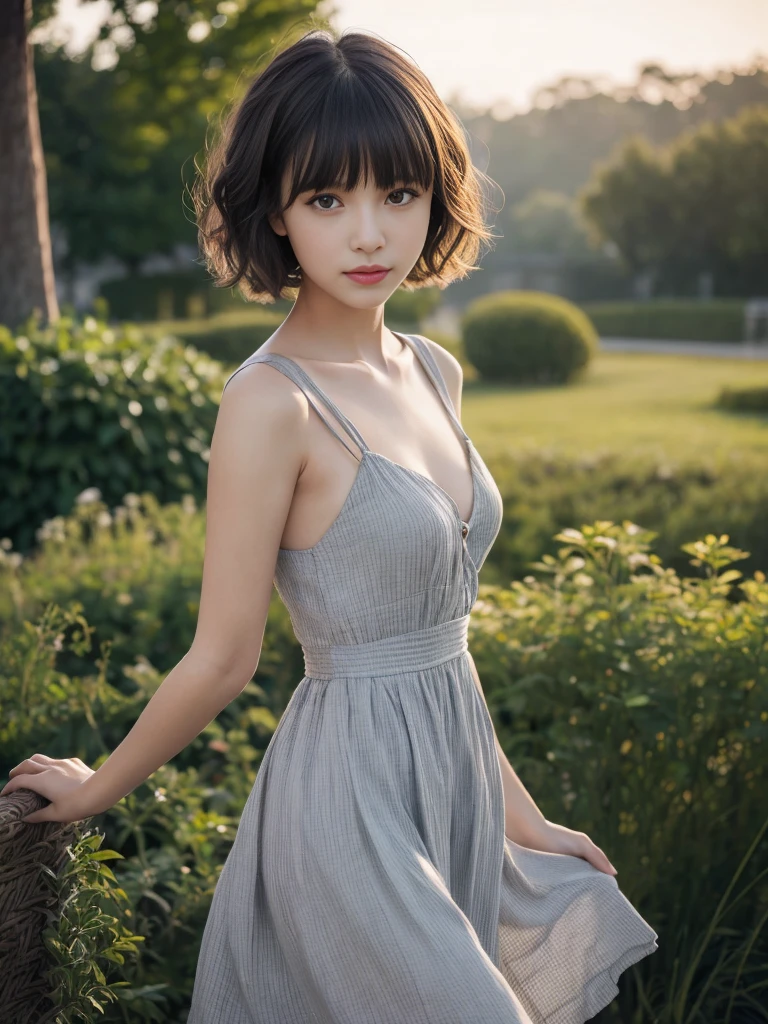 (walking,from Side),(Highest quality, Very detailed, masterpiece:1.2), 1 female, Very thin body, length, Thin legs, ((Black wavy short hair:1.2)), ((Thick and fluffy bangs)), Very detailedな顔,A faint smile, small, Thin Nose, small thin mouth, Extremely sharply focused eyes, Japanese, Beautiful Face, Realistic eyes, Beautiful and beautiful eyes, Realistic Skin, Beautiful Skin, charm, (Lively Faces), (flowing summer dress camisole evening), Creepy and unique hairstyles, High resolution, Vibrant color palette, , Tim Burton&#39;s signature dark shadows and strange details, Shooting from below,background
