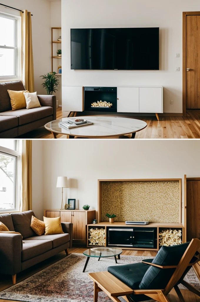 A living room in a house with a television and some popcorn