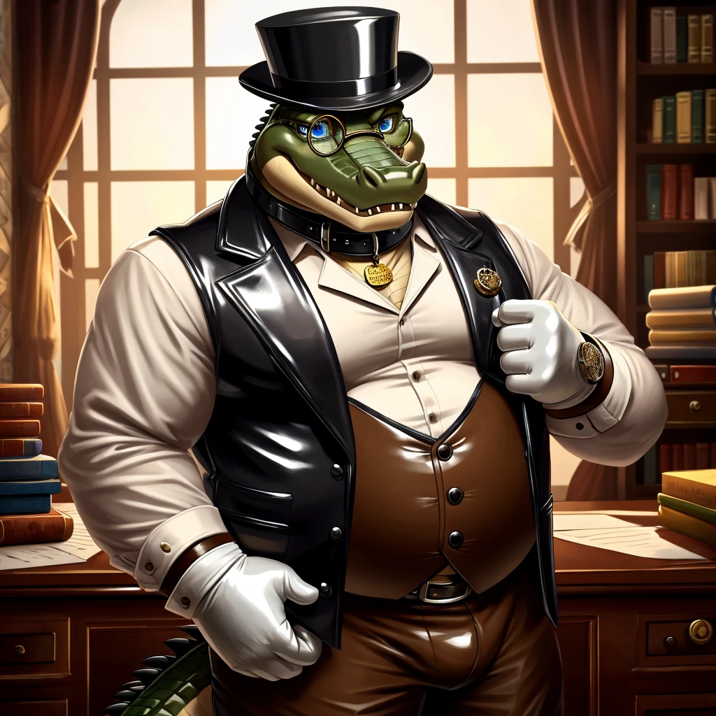 Solo, Male, fat, extremely obese, gentleman, dapper Professor Crocodile, blue eyes, (posing:1.3), (soft shading), 4k, hi res, ((detailed face, detailed)), looking at viewer, mouth wide open, steampunk, dapper clothing, collared shirt with buttons, top hat, male focus, Explorer Outfit, glasses, monocle, vest with buttons, sleeves rolled up, round eyewear, brown headwear, brown vest, office, Crocodile is wearing a glossy leather dog collar around the neck, Crocodile is wearing the leather collar and shirt and vest at the same time, Crocodile is wearing glossy white rubber gloves on the hands, wearing white rubber gloves on the feet, gloves are rubber in texture, clenching teeth, clenching fists, leather collar is glossy and shiny with a lot of detail, Crocodile is wearing gloves and leather collar at the same time, leather collar has a round dog-tag, leather collar is thick and detailed, leather collar is glossy and shiny, fancy clothing, dapper vest, dapper shirt, leather collar is thick, glossy leather collar.