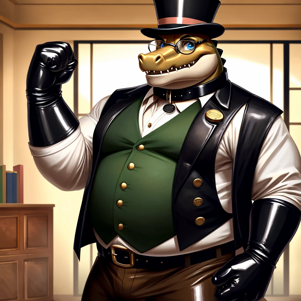 Solo, Male, fat, extremely obese, gentleman, dapper Professor Crocodile, blue eyes, (posing:1.3), (soft shading), 4k, hi res, ((detailed face, detailed)), looking at viewer, mouth wide open, steampunk, dapper clothing, collared shirt with buttons, top hat, male focus, Explorer Outfit, glasses, monocle, vest with buttons, sleeves rolled up, round eyewear, brown headwear, brown vest, office, Crocodile is wearing a glossy leather dog collar around the neck, Crocodile is wearing the leather collar and shirt and vest at the same time, Crocodile is wearing glossy white rubber gloves on the hands, wearing white rubber gloves on the feet, gloves are rubber in texture, clenching teeth, clenching fists, leather collar is glossy and shiny with a lot of detail, Crocodile is wearing gloves and leather collar at the same time, leather collar has a round dog-tag, leather collar is thick and detailed, leather collar is glossy and shiny, fancy clothing, dapper vest, dapper shirt, leather collar is thick, glossy leather collar.
