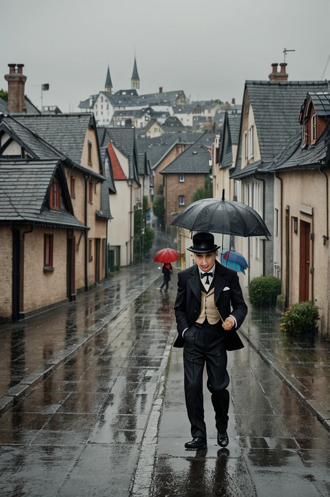 Charkes Chaplin anime dancing in the rain with an umbrella, in the background you can see houses and buildings