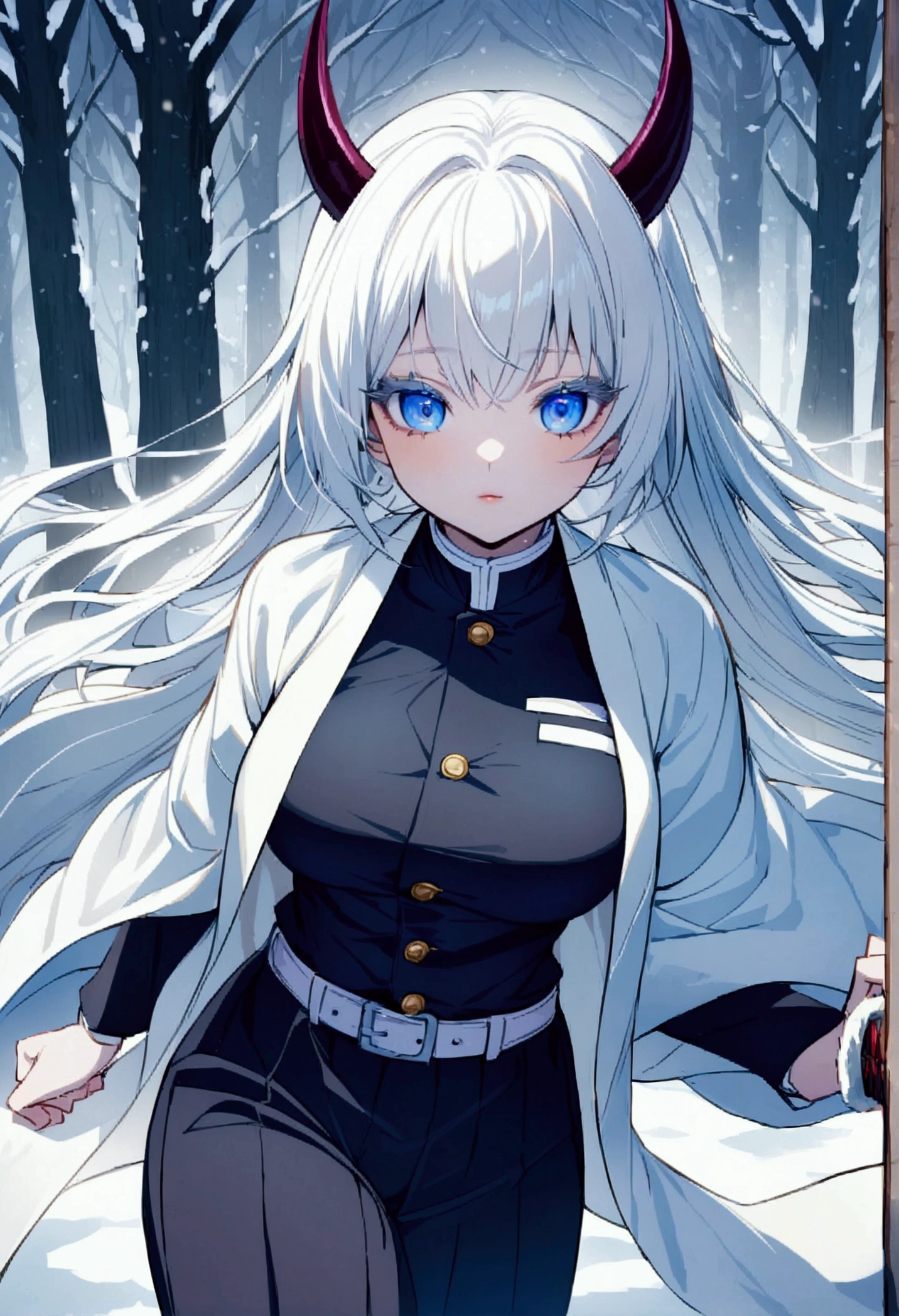 A detailed anime girl with long flowing white hair, dark blue eyes, thick beautiful eyelashes, medium-sized breasts, wearing a demon slayer uniform with white buttons, a snow haori, and a katana in her belt, highres, fantasy, vibrant colors walking in a snowy forest with a cold look on her face 