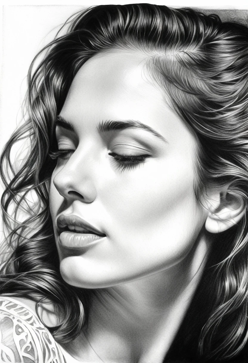 A stunning PORTRAIT, black and white DRAWING session of a beautiful woman with delicate, Pencil DRAWING features and a smooth touch, dreaming expression. highy detailed, with complex shading and a variety of tones, graffit, coal, RASBISCOS, timeless composition that emphasizes the woman's natural beauty and the artist's skill, expressive lines.