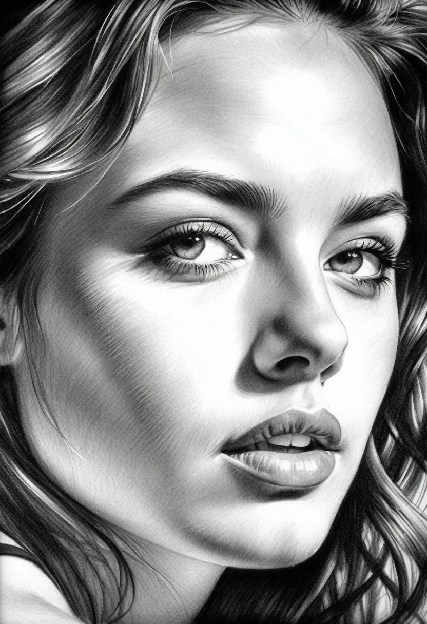 A stunning PORTRAIT, black and white DRAWING session of a beautiful woman with delicate, Pencil DRAWING features and a smooth touch, dreaming expression. highy detailed, with complex shading and a variety of tones, graffit, coal, RASBISCOS, timeless composition that emphasizes the woman's natural beauty and the artist's skill, expressive lines.