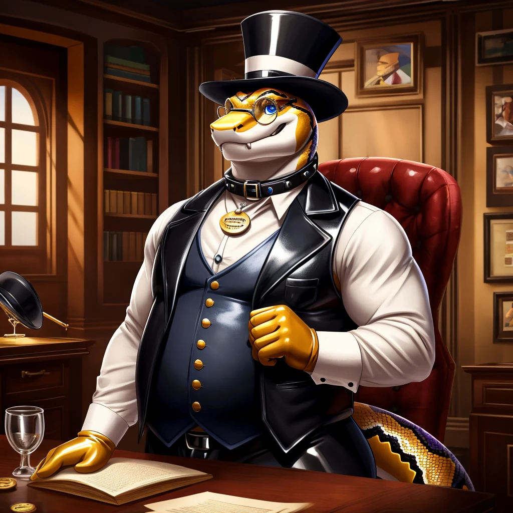 Solo, Male, fat, extremely obese, gentleman, dapper Professor Snake with fangs, blue eyes, (posing:1.3), (soft shading), 4k, hi res, ((detailed face, detailed)), looking at viewer, mouth wide open, steampunk, dapper clothing, collared shirt with buttons, top hat, male focus, Explorer Outfit, glasses, monocle, vest with buttons, sleeves rolled up, round eyewear, brown headwear, brown vest, office, Snake is wearing a glossy leather dog collar around the neck, Snake is wearing the leather collar and shirt and vest at the same time, Snake is wearing glossy white rubber gloves on the hands, wearing white rubber gloves on the feet, gloves are rubber in texture, clenching teeth, clenching fists, leather collar is glossy and shiny with a lot of detail, Snake is wearing gloves and leather collar at the same time, leather collar has a round dog-tag, leather collar is thick and detailed, leather collar is glossy and shiny, fancy clothing, dapper vest, dapper shirt, leather collar is thick, glossy leather collar.