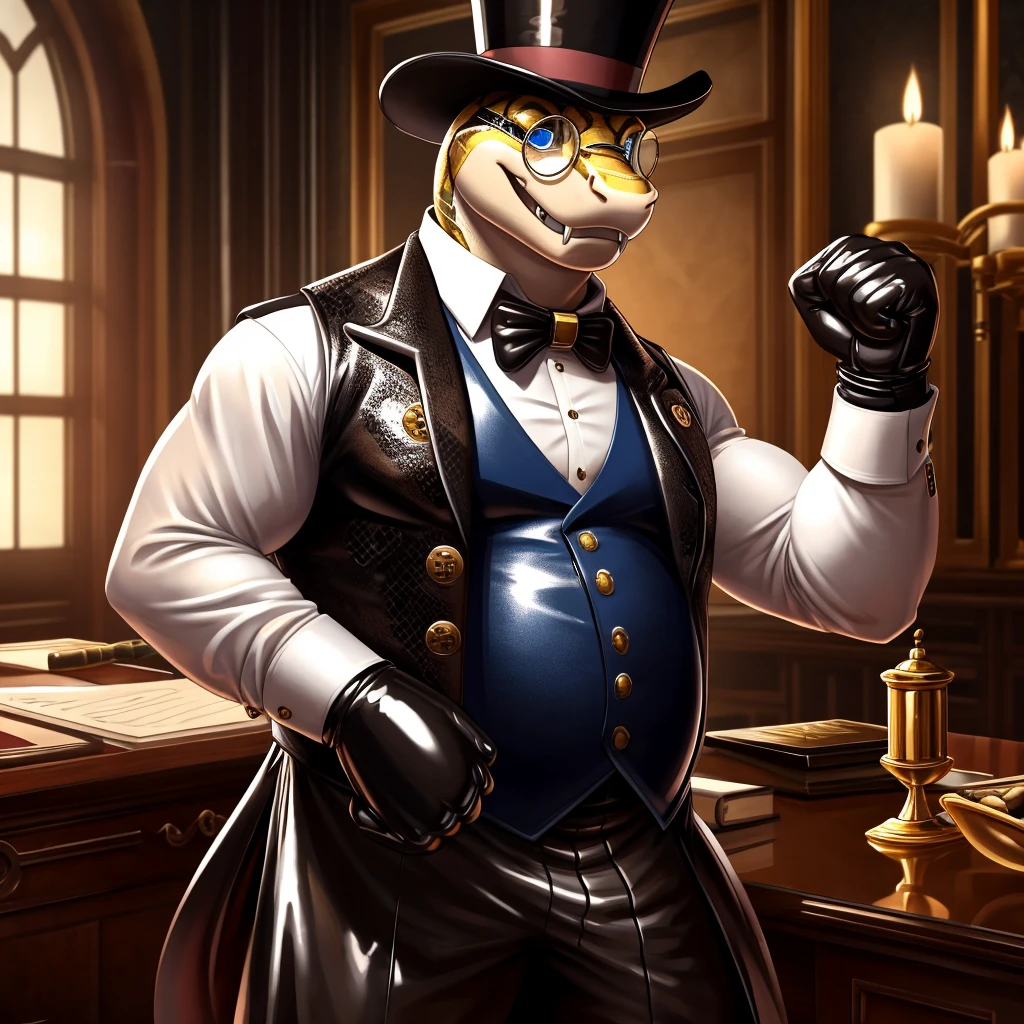 Solo, Male, fat, extremely obese, gentleman, dapper Professor Snake with fangs, blue eyes, (posing:1.3), (soft shading), 4k, hi res, ((detailed face, detailed)), looking at viewer, mouth wide open, steampunk, dapper clothing, collared shirt with buttons, top hat, male focus, Explorer Outfit, glasses, monocle, vest with buttons, sleeves rolled up, round eyewear, brown headwear, brown vest, office, Snake is wearing a glossy leather dog collar around the neck, Snake is wearing the leather collar and shirt and vest at the same time, Snake is wearing glossy white rubber gloves on the hands, wearing white rubber gloves on the feet, gloves are rubber in texture, clenching teeth, clenching fists, leather collar is glossy and shiny with a lot of detail, Snake is wearing gloves and leather collar at the same time, leather collar has a round dog-tag, leather collar is thick and detailed, leather collar is glossy and shiny, fancy clothing, dapper vest, dapper shirt, leather collar is thick, glossy leather collar.