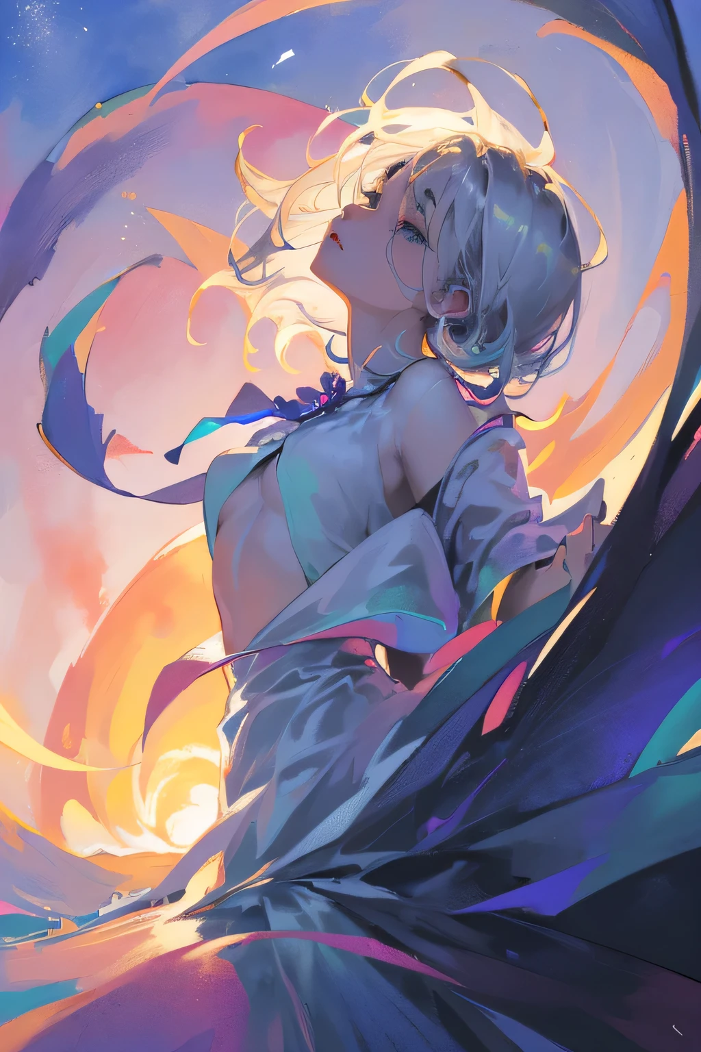 (Image from chest up:1.4)((masterpiece:1.5,Highest quality,Beautiful images、2.5D、Abstract、Artistic、Watercolor))(One girl, 独奏)(Cute Girls、large breasts, Gray Hair、short hair、Beautiful breasts、Beautiful breasts cleavage、Off-the-shoulder outfit)(profile、Look at an angle、shake your head、Sad look, Floating Hair、Backlight)(Plain background:1.5)((Dynamic Angle:1.5)),See-through gown. ((from side))