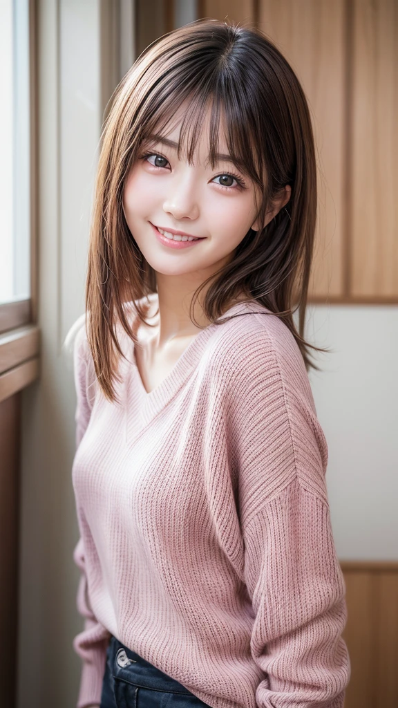 No skin exposure、(Highest quality、8k、masterpiece:1.3))、Realistic high quality photos、Highest quality、Cute girl - fine face、20才の美しいJapanese Girls、Photo of a slim young girl model、Beautiful girl model、若いJapanese Girls、Young pretty face、Japanese Girls、20 year old female model、Beautiful Model Girl、Cute Smile、Nice delicate face、Blonde、Beautiful brown eyes、Young Body、 (Over Black Pink Knit)