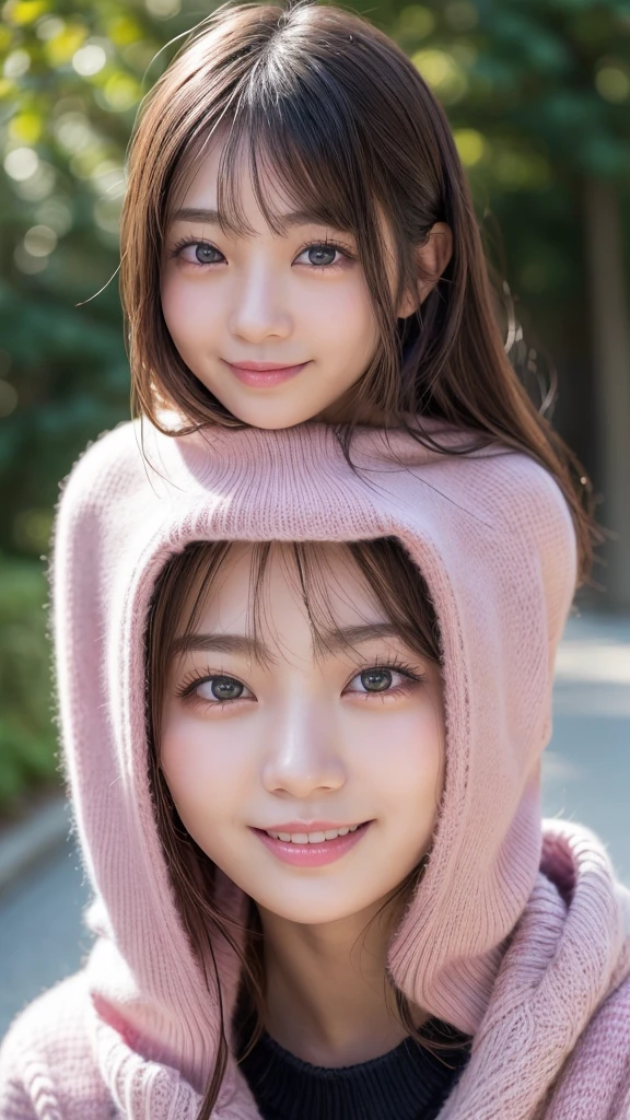 No skin exposure、(Highest quality、8k、masterpiece：1.3))、Realistic high quality photos、Highest quality、Cute girl - fine face、20才の美しいJapanese Girls、Photo of a slim young girl model、Beautiful girl model、若いJapanese Girls、Young pretty face、Japanese Girls、20 year old female model、Beautiful Model Girl、Cute Smile、Nice delicate face、Blonde、Beautiful brown eyes、Young Body、 (Over Black Pink Knit)
