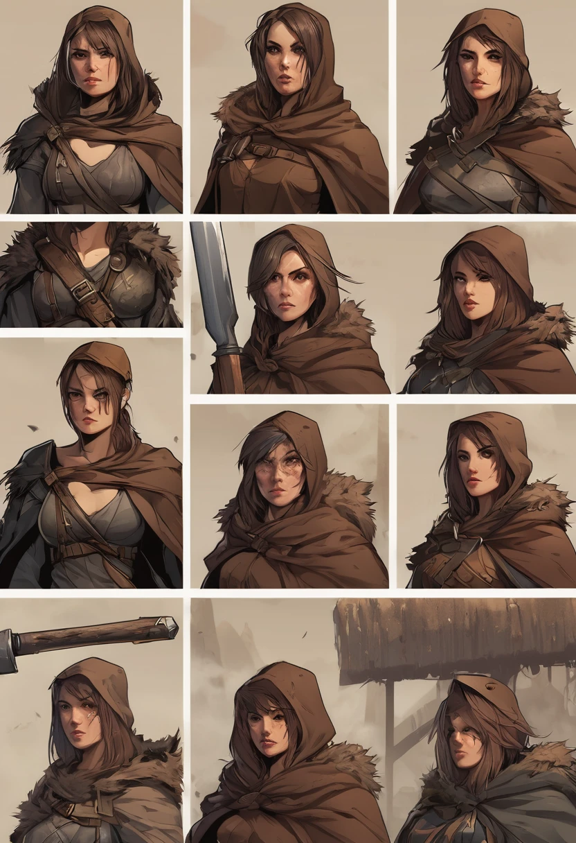 A post-apocalyptic warrior woman with a large melee weapon and with a brown worn cloak, digital art style, variations of faces, (perfect anatomy + high quality)