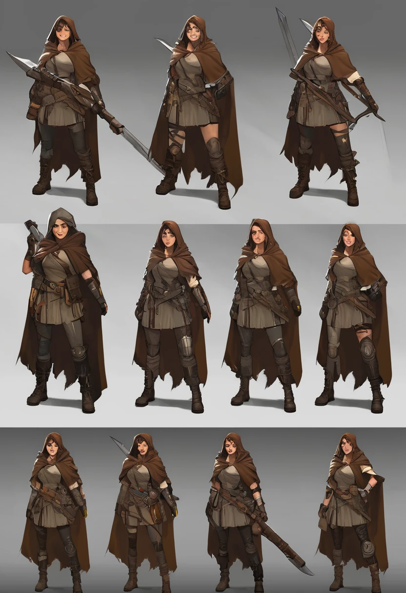  A post-apocalyptic warrior woman with a large melee weapon and with a brown worn cloak, digital art style, variations of faces, (perfect anatomy + high quality)