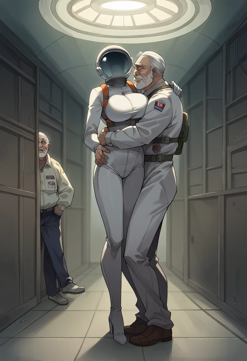 Masterpiece, best quality, Masterpiece, best quality, 1 woman, astronaut suit , wear a hat , big breasts , abdomen , Long legs , Put your hands on your hips... , shoe , 1 man , old man , Dry skin , Waist hug , molest , full body , abandoned factory , at night