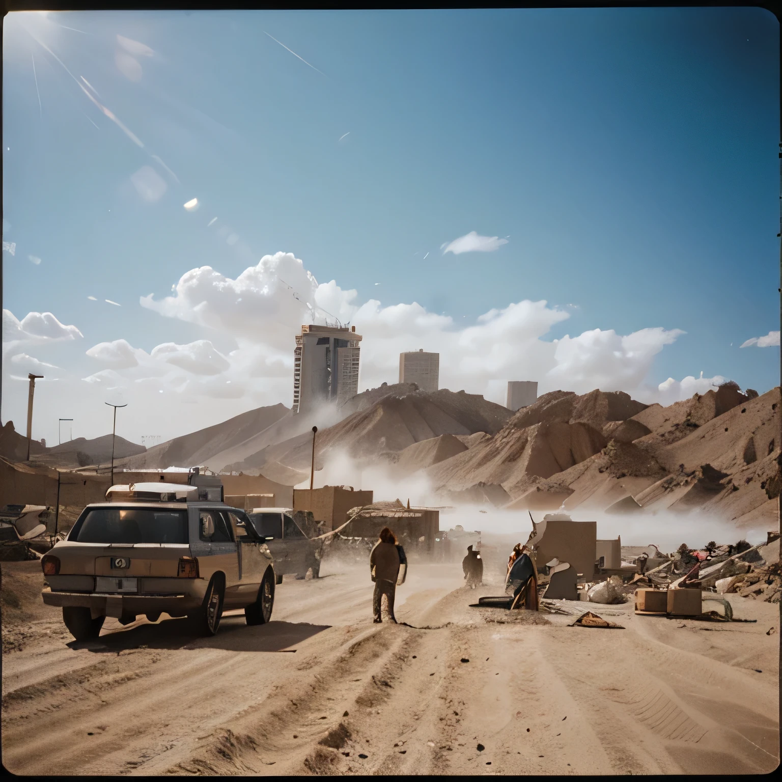 cinematic photo analog film photo scifi, big warehouse, raw, summer hot, strormy clouds, cinematic, mist, volumetric lights shiny, dusty sand new, dynamic view, construction site, detailed, rocks, road desert
(crowd of people:1.1), (big workers behind set:1.2) . faded film, desaturated, 35mm photo, grainy, vignette, vintage, Kodachrome, Lomography, stained, highly detailed, found footage . 35mm photograph, film, bokeh, professional, 4k, highly detailed