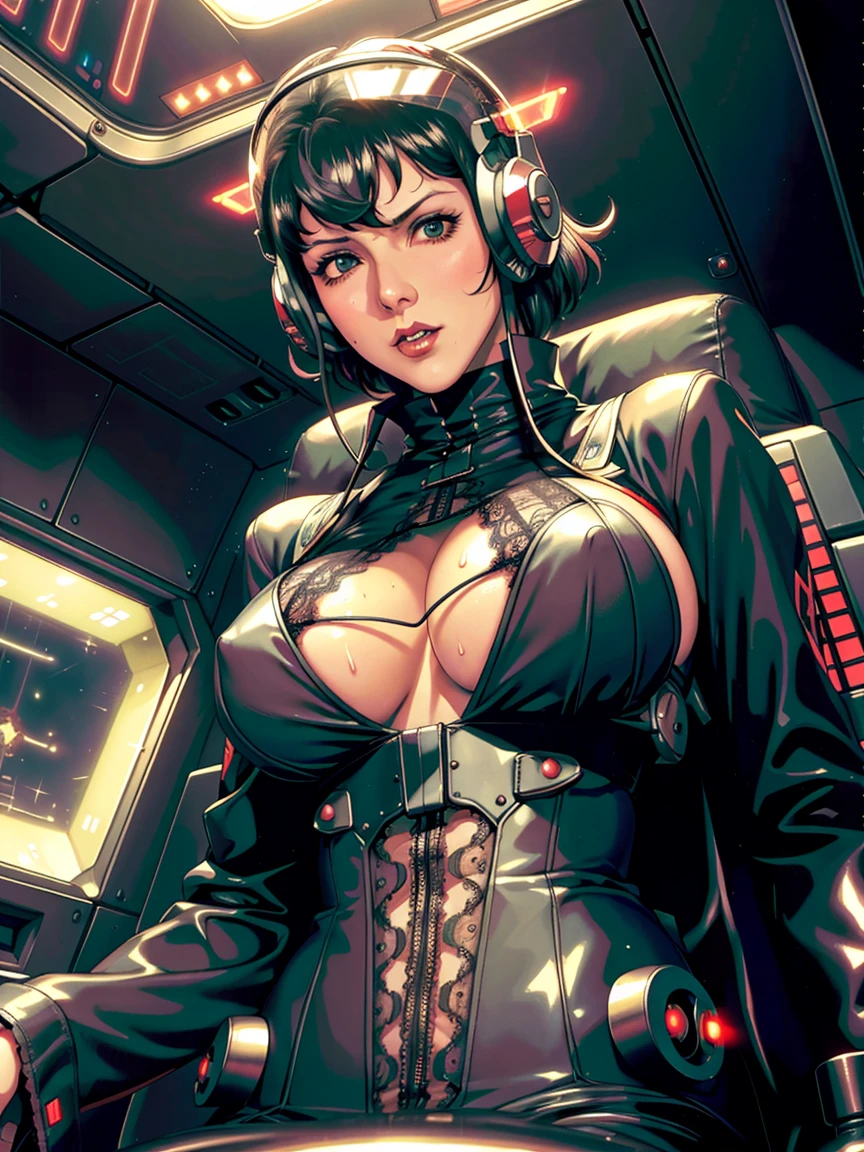 ((gothic vampire piloting in gothic spacecraft)), (((retro anime))), ((from below)), ((120 fov)), ((((gothic)) control panels)), (((mature))), (((gothic))), iridescent bodysuit, (((lace accessories))), ((pilot seat)), ((((lying back)) pose)), (((elegant))), (((serious tone))), ((cockpit top control panel)), intricate control panel details, close-up, 1990s (style), masterpiece, ((claustrophobic)), best quality, screens, ((pilot helmet)), night, (colorful cockpit lights), sparkles, (dramatic lighting), sweat, wet, [blushing], [[[pointy ears]]]