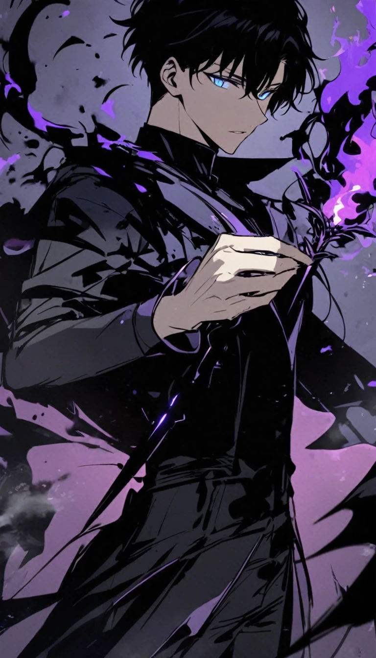 good looking, alone, male, short hair,, Black Hair, Blue eyes, Black Shirt, Black Pants, Black Coat, Purple Flame,Holding a dagger in his hand