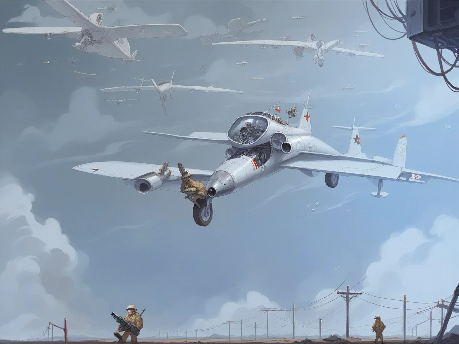 (((masterpiece, best quality, HD, High Detail)))), future科技，Technology，future，sci-fi train，Device，The train whose wheels turn into rockets，喷气airplane，atomic bomb，airplane，Flying bike，machine gun