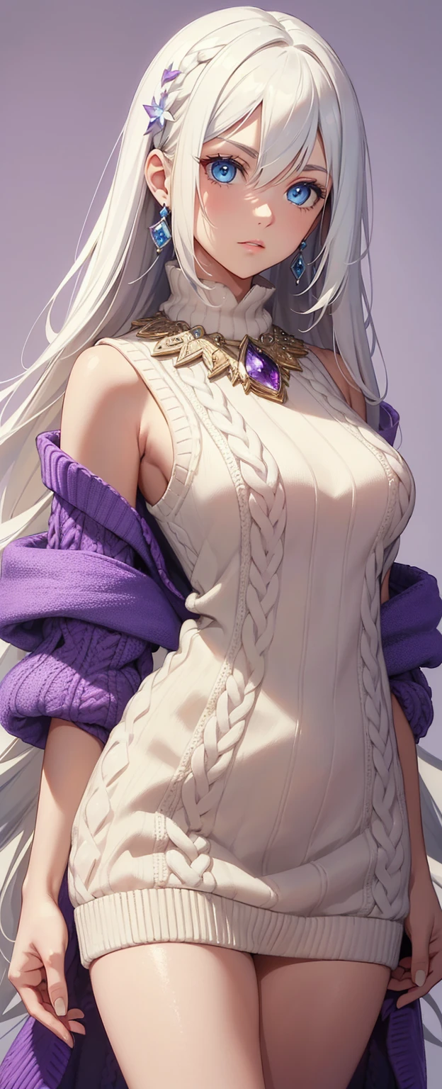 ((best quality)), ((masterpiece)), ((best quality)), ((masterpiece)), ((detailed)), Ridiculous resolution, high resolution, (masterpiece:1.4), Hyper-detailing, a young european woman. Necklace. ((Sleeveless wool sweater)). Blank background. Standing. ((White hair)). She has bangs in her hair. Standing. ((Purple eyes)).