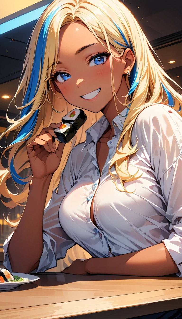 (highest quality:1.2, Very detailed, up to date, Vibrant, Ultra-high resolution, High Contrast, masterpiece:1.2, highest quality, Best aesthetics), Portraiture、girl、slim, Bright colors、Beautiful fine details、Beautiful lip detail、long hair, ((wavy hair:0.4))、messy hair, blonde and blue ((streaked hair:1.3)), highlights hair: 1.3, (medium breast:1), (tan skin:1.3), button-up shirt、eating nigiri Sushi, enjoy Sushi dinner at the table, in high class Sushi restaurant, ((happy:1.5)), cowboy shot,