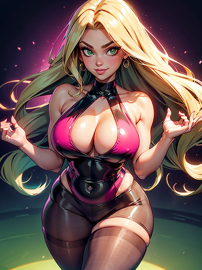 solo, gigantic wide hips, extremely small narrow waist, enormous round thighs, very long legs, flirting baby-face smile, pouting thick lips, big green eyes, deep round cleavage. Wearing reflective hot pink mini dress. black pantyhose. thin waist, tanlines, at gala ball, makeup, captivating long-haired blonde tween bodybuilder
