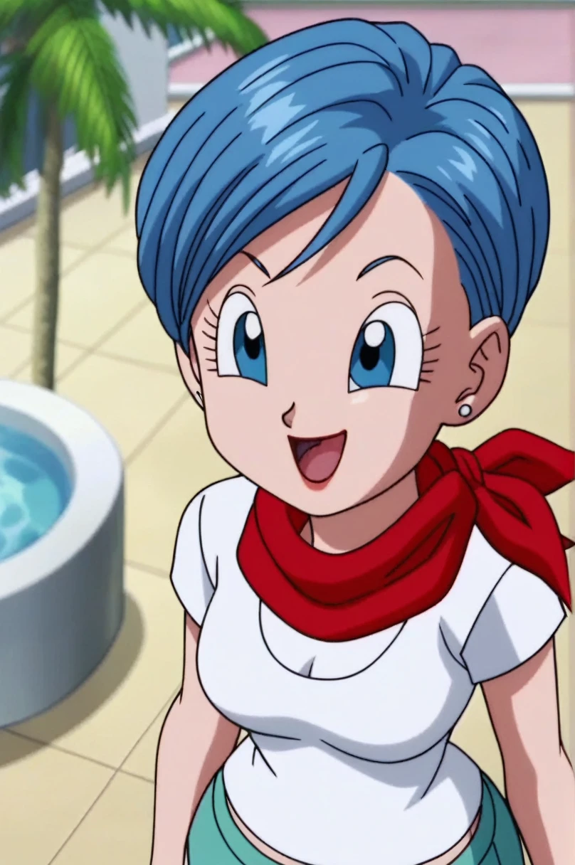 fountain_cheered up, score_9, score_8_above, score_7_above, cheered up screencap,8k, absurd resolution,
BULMA, 1 girl, Alone, old, SMILE, short hair, bowl cut, Open mouth, Blue eyes, neckline, jewelry, medium old, blue fur, White shirt, aboveper body, :d, earrings, outdoor, sky, day, cloud, blurred, tree, blue sky, red scarf, palm tree, Official style, cheered up coloring, portrait, medium breasts, tits, medium ass, sexy, Wide hips, Bikini