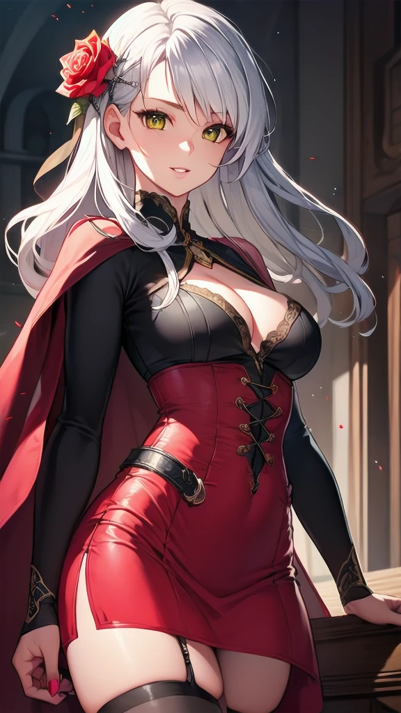 masterpiece, best quality, solo girl, silver hair, yellow eyes, long hair, medium breasts, sexy body and face, wavy hair, smile, parted lips, red lips, ribbon, crown of thorns, thorns, (red cape, dress flower), detached sleeves, hair flower, hair ornament, long sleeves, black corset, long skirt, red dress, rose, strapless dress, long skirt, thighhighs, thighlet, red nails, dress flower, black thighhighs, mksks style, beautiful background, orchestra, indoors, sexy pose, cowboy shots, sharp focus, ultra-detailed body, face, and eyes, vibrant, creative, dynamic, high definition, high resolution, 8k, (Upscale: R-ESRGAN 4x+ Anime6mage enchance:4x), voluptuous body, cinema lighting, looking at the viewer, (realistic:1.4), (beautiful detailed face, beautiful detailed eyes, volumetric lighting), 