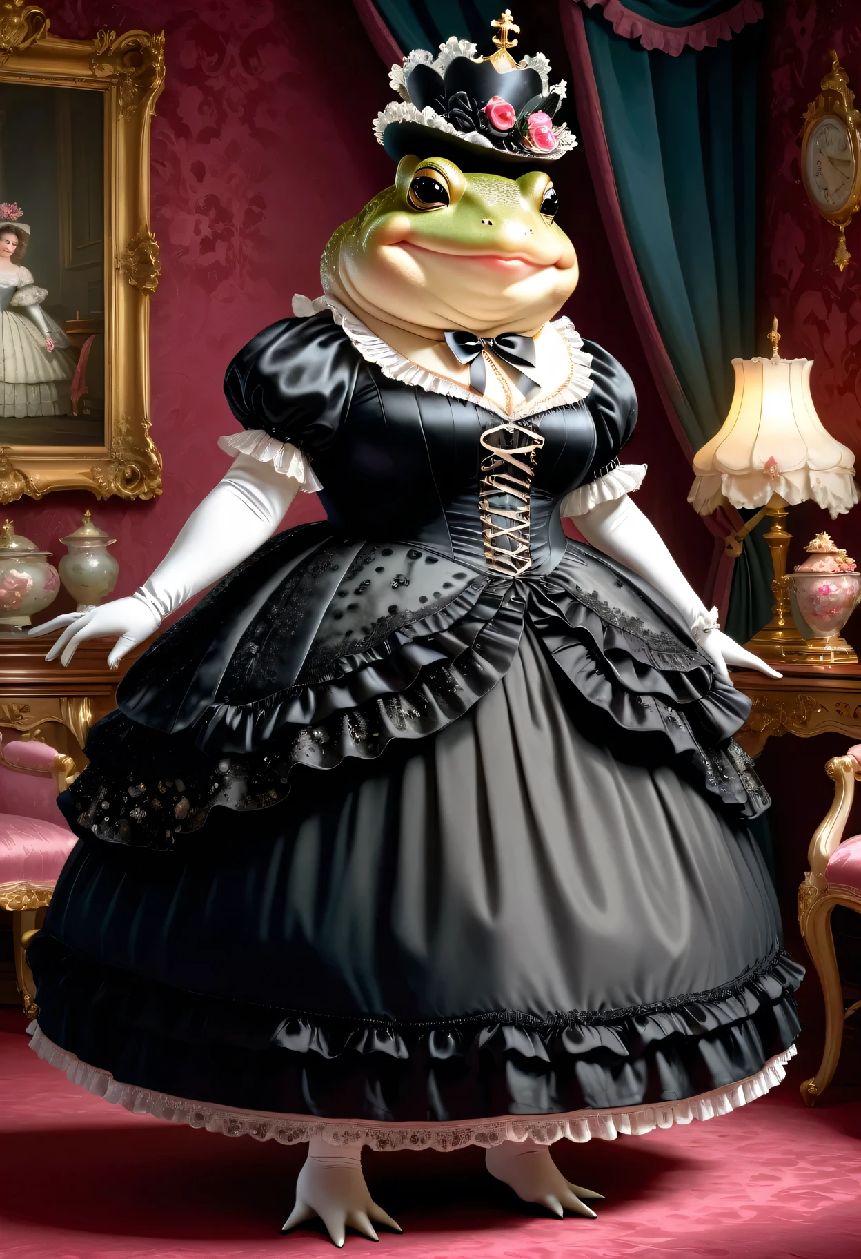  photorealistic portrait of Dressed animals-a ((fat)) ((toad)) princess,(), (elegant pose:1.5), (hands on hips:1.5),(smile:1.5),high quality,(),(lovely) ,intricate details, Wearing Gothic & Lolita dress , ( brim on head), highly detailed ((dress with  frills and ribbon)) ,highly detailed accessories, high sox , (happy), soft lighting,(full body image:2.0),in  Rococo style room background,,score_9, score_8_up, score_7_up, score_6_up, score_5_up, score_4_up,