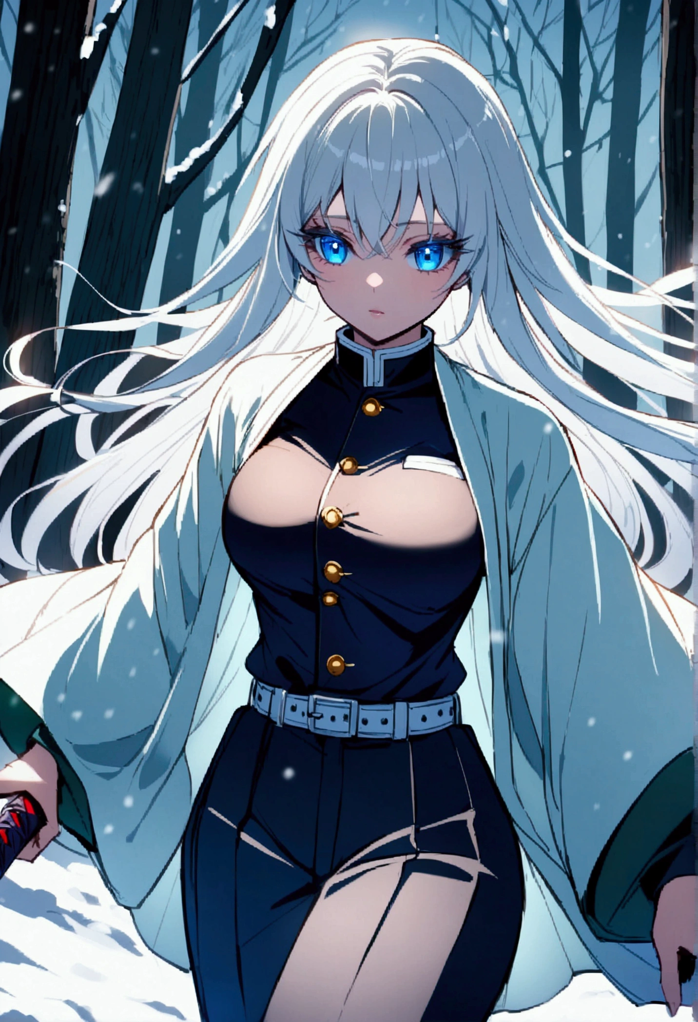 A detailed anime girl with long flowing white hair, dark blue eyes, thick beautiful eyelashes, medium-sized breasts, wearing a demon slayer uniform with white buttons, a snow haori, and a katana in her belt, highres, fantasy, vibrant colors walking in a snowy forest with a cold look on her face 