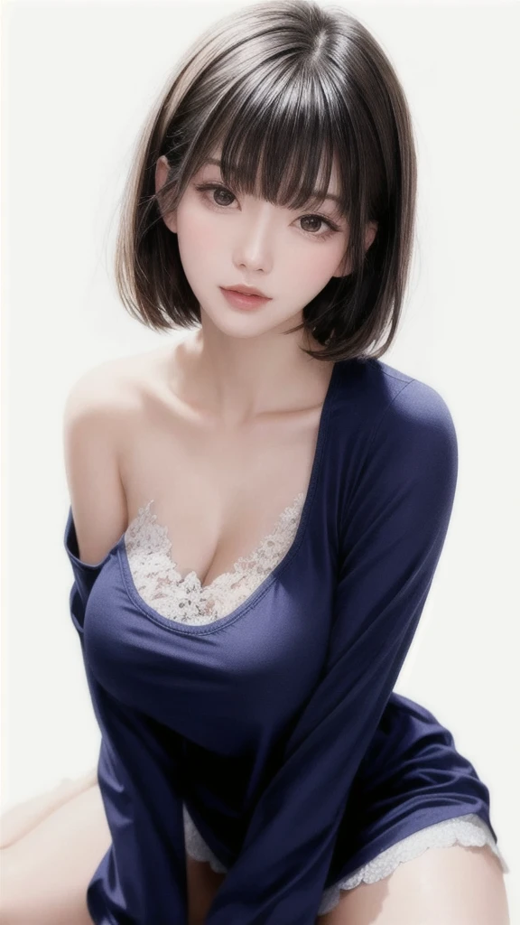  fashion trendy beautiful and attractive woman, gentle and attractive Chinese beautiful woman, Korean (kpop idol), delicate and sexy collarbone, attractive oval face, double eyelids, smart [peach] flower eyes, pink lips, small nose, bare shoulders, focus on face, [[face close-up], ultra high definition, super detail, White off-shoulder lace shirt, (((white lace panties), fresh and impressive, natural (large: 1.25), (kneel on the ground), (legs wide open), (legs spread), (from a low angle), (upright 1.5), (shiny skin: 1.4), (low angle)), perfect figure, areola, cleavage, armpit wrinkles), (NSFW: 1.05), ( Showpiece, top quality, high precision)), one girl, (big, photorealistic: 1.4), (slightly above the camera, looking up at the camera, looking up, looking up at the camera, staring at the camera))), solo, solo, white background, snow-white background, mouth closed, happy smile, pretty black hair, short hair, big eyes, pronounced double eyelids, eyelashes, ears out, long neck, long neck, Absolute area, ((close-up of face, short hair with bangs)), 19 years old, attractive proportions, shiny skin, clean collarbone, golden ratio face, perfect face, teardrop mole, chest mole, bangs, clean bangs, beautiful bangs, lip gloss, thin lips, white skin, undressed, big breasts, small face, staring at the camera a little upwards, ((smiling a little at the camera, really nothing pure white background, very big, big big, big breasts)), ((((uniform, shirt)))), exposed shoulders, exposed waist, exposed thighs