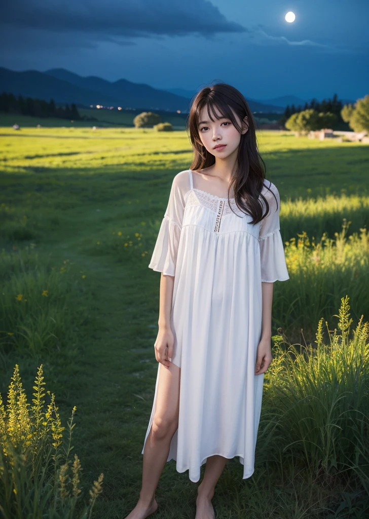 A girl stands in a meadow with short grass at night、Woman in nightdress、brown hair、full body photo、City lights below、Aurora in the moonlit sky、masterpiece、highest quality、Super detailed、official art