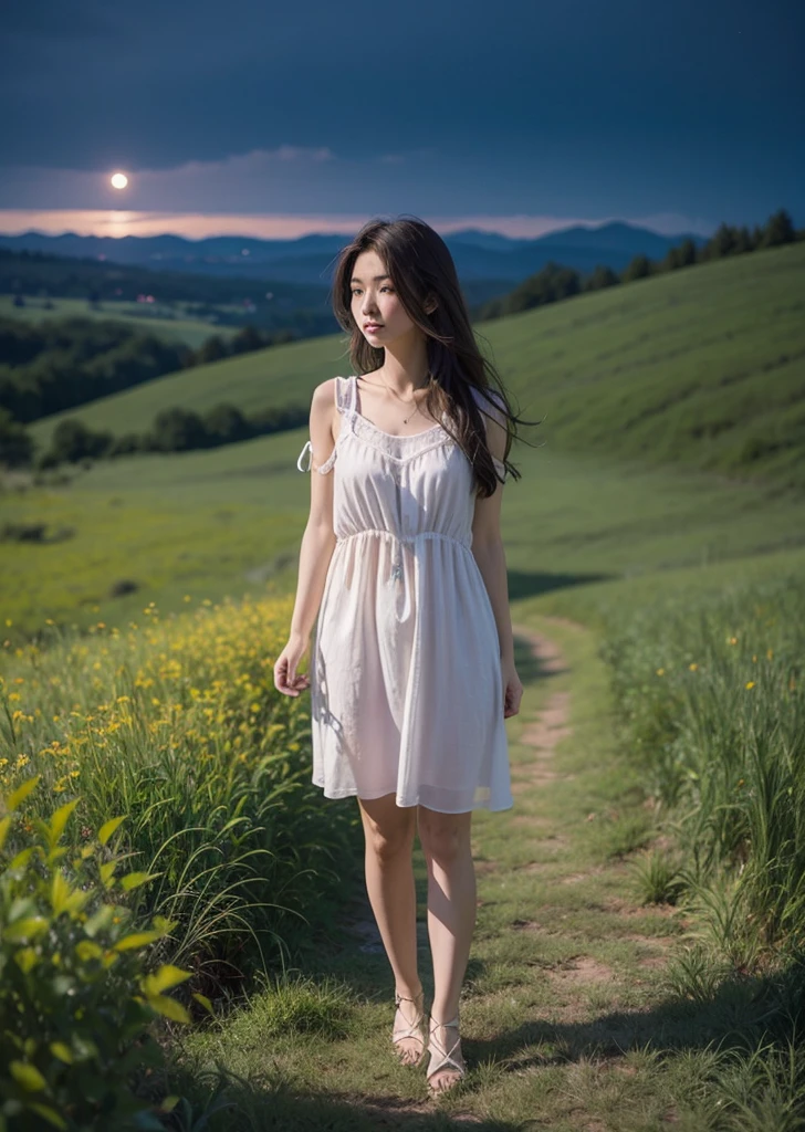 A girl stands in a meadow with short grass at night、Woman in nightdress、brown hair、full body photo、City lights below、Aurora in the moonlit sky、masterpiece、highest quality、Super detailed、official art