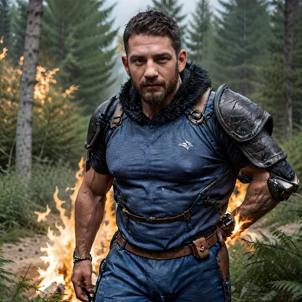 detailled realistic photograph of a handsome giant-kind male Druid, fit slimmer body, fleshy grey skin, oval face, short brown hair and short beard, goblinoid ears, brown eyes, 5.5 feet tall, fur plate full armor, walking with with a blue wildfire in a dark forest surrounded by mist and fireflies, with some scars on his body, and a gentle expression, holding a scimitar