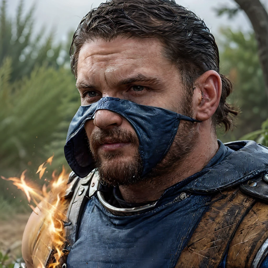 detailled realistic photograph of a handsome giant-kind male Druid, fit slimmer body, fleshy grey skin, oval face, short brown hair and short beard, goblinoid ears, brown eyes, 5.5 feet tall, fur plate full armor, walking with with a blue wildfire in a dark forest surrounded by mist and fireflies, with some scars on his body, and a gentle expression, holding a scimitar