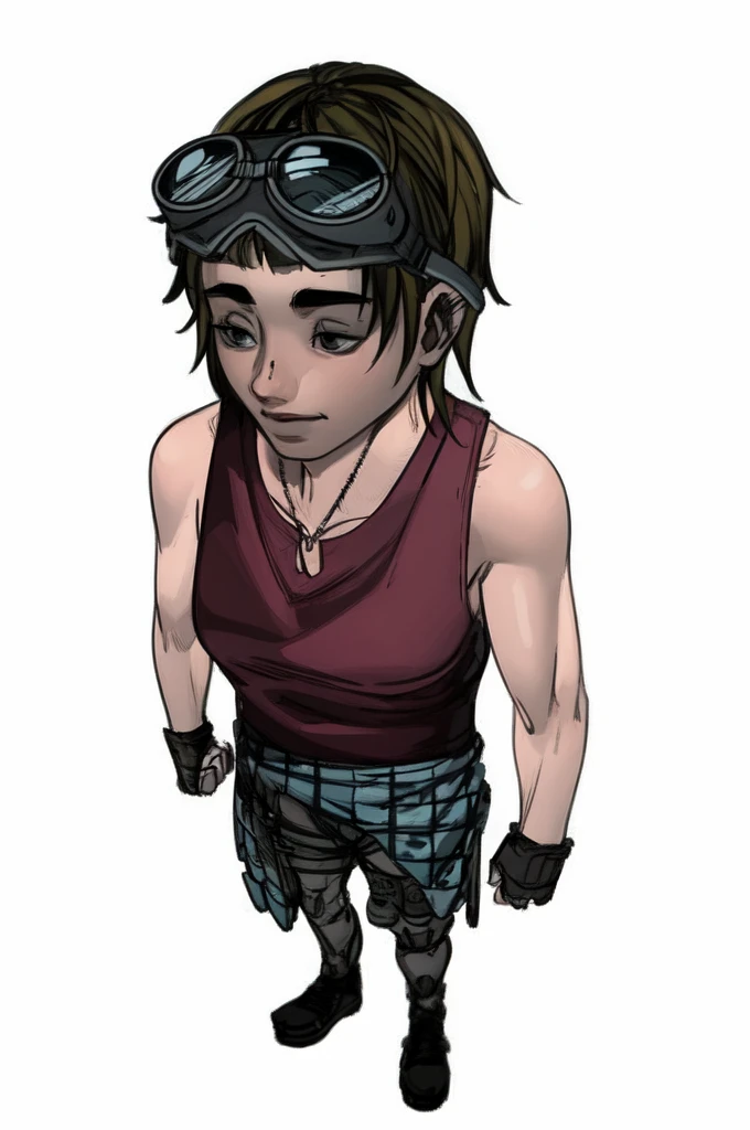 a cartoon of a woman with goggles and a red shirt, female lead character, shadowrun character art, a character based on a haggis, video game character, detailed character art, rpg character, videogame character, video game character design, full body character, full body character portrait, female protagonist, game character, highly detailed character design, concept art of single boy