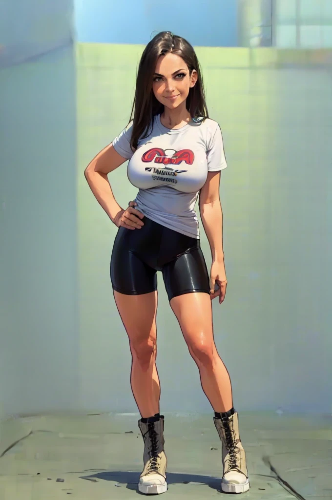 green solid background, 1 woman, best quality, ultra high res, long hair, black hair, Asian brown eyes, bike shorts, military black boots, toned tummy, blank white t-shirt, short sleeves, smiling at viewers, double D breast, standing, full body