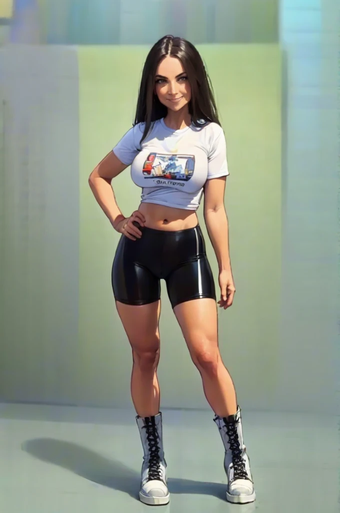 green solid background, 1 woman, best quality, ultra high res, long hair, black hair, Asian brown eyes, bike shorts, military black boots, toned tummy, blank white t-shirt, short sleeves, smiling at viewers, double D breast, standing, full body