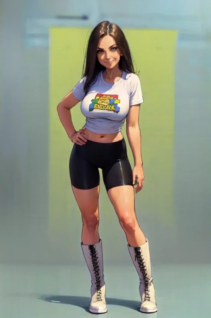 green solid background, 1 woman, best quality, ultra high res, long hair, black hair, Asian brown eyes, bike shorts, military black boots, toned tummy, blank white t-shirt, short sleeves, smiling at viewers, double D breast, standing, full body