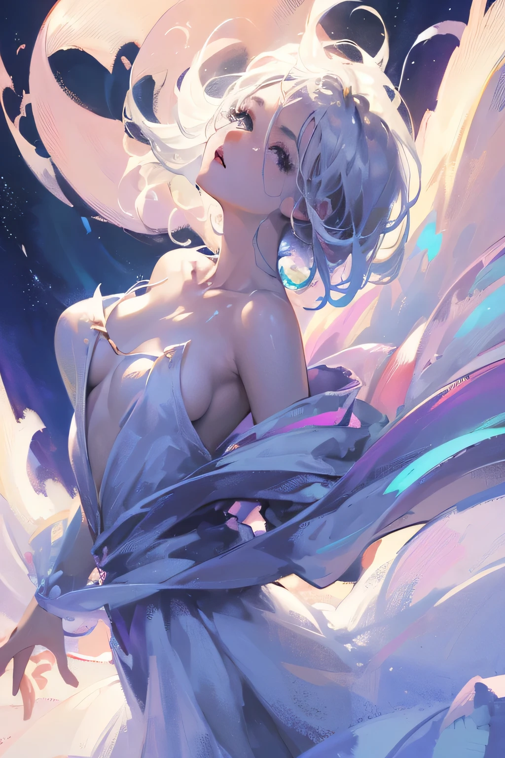 (Image from chest up:1.4)((masterpiece:1.5,Highest quality,Beautiful images、2.5D、Abstract、Artistic、Watercolor))(One girl, 独奏)(Cute Girls、large breasts, Gray Hair、short hair、Beautiful breasts、Beautiful breasts cleavage、Off-the-shoulder outfit)(profile、Look at an angle、shake your head、Sad look, Floating Hair、Backlight)(Plain background:1.5)((Dynamic Angle:1.5)),See-through gown. ((from side))