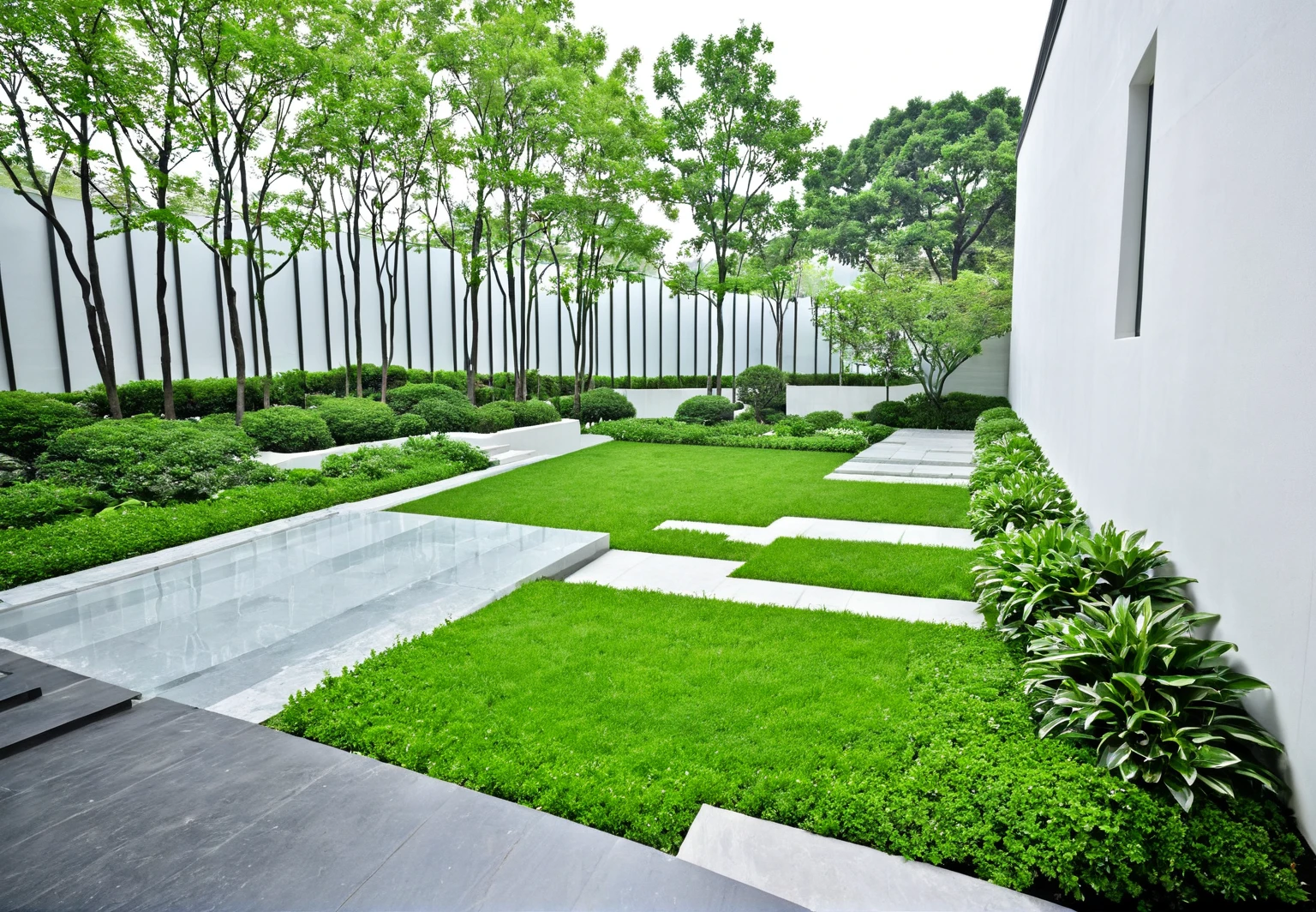 huayuanV3,This photo shows a garden with stone steps. The garden is planted with a variety of plants,including tall trees,low flower beds and some spherical pruned plants. dark concrete sidewalk, grass land, glass window, vertical wooden slats, The white wall is decorated with dark wood,and there is a street lamp next to it. Some buildings and trees can be seen in the distance. The whole scene gives people a sense of tranquility and harmony, Specifically,the top of the picture is a white sky and some lush green trees,the top left is a white and blue tall building