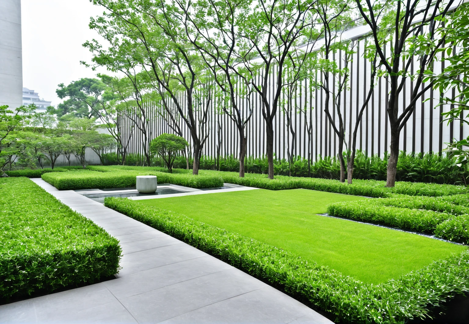 huayuanV3,This photo shows a garden with stone steps. The garden is planted with a variety of plants,including tall trees,low flower beds and some spherical pruned plants. dark concrete sidewalk, grass land, glass window, vertical wooden slats, The white wall is decorated with dark wood,and there is a street lamp next to it. Some buildings and trees can be seen in the distance. The whole scene gives people a sense of tranquility and harmony, Specifically,the top of the picture is a white sky and some lush green trees,the top left is a white and blue tall building