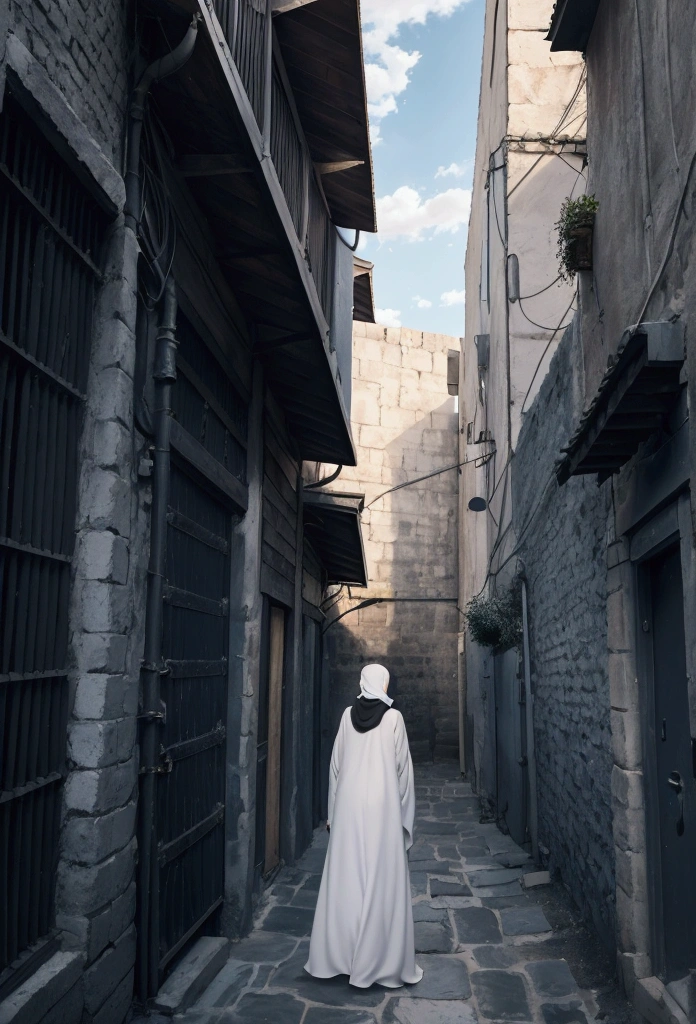 ((the girl is wearing a simple white hijab)), long hijab, ((she is wearing a very long simple white loose abaya)), the abaya has long sleeves, ((extremely long abaya)), long veil, back view, back view, he was in a narrow and dark alley in a building, the alley was made with a stone floor and a wooden roof as if it were a cave, in the alley there were many shops lit by lamps, there were branching alleyways, one of which led out, in Outside, blue clouds and white skies showed that the building he was in was on the top floor, XL more detail,Architectural100,clouds,scenery,sky,high saturation,extremely detailed