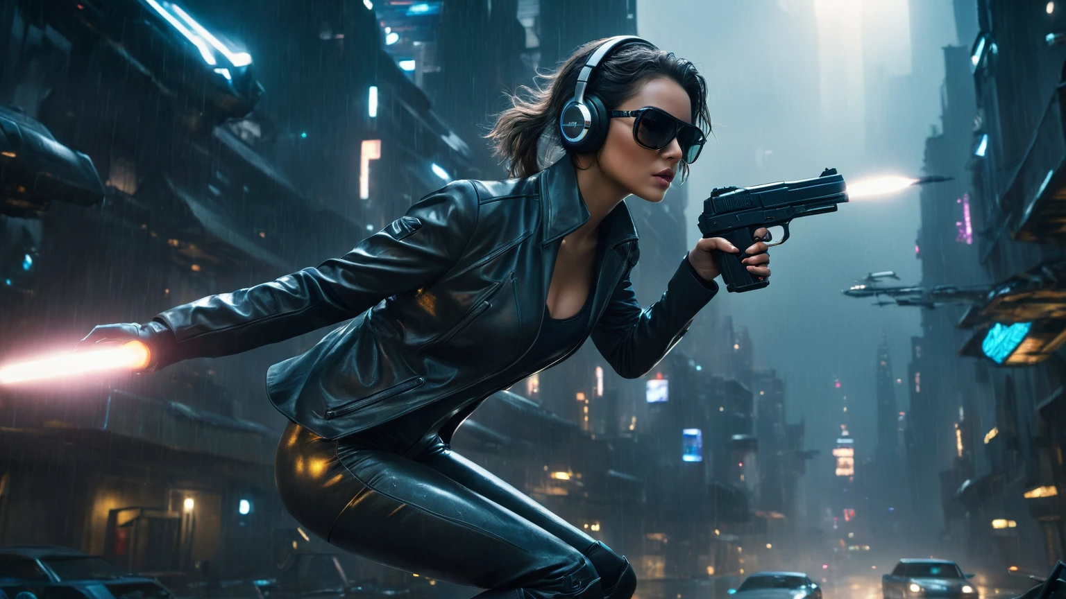 (aerial view, a flying car is speeding through a very dark abandoned futuristic city), rainy night. (((1girl, solo, alone))), large-breast:1.2 slim body, cleavage:1.1, sexy mechanic suit, (((headphone, black sunglasses, standing and holding pistol:1.8, dynamic rushing pose))), (((((half-body thigh level medium shot))))), cinematic lighting, lens flare, ray tracing.