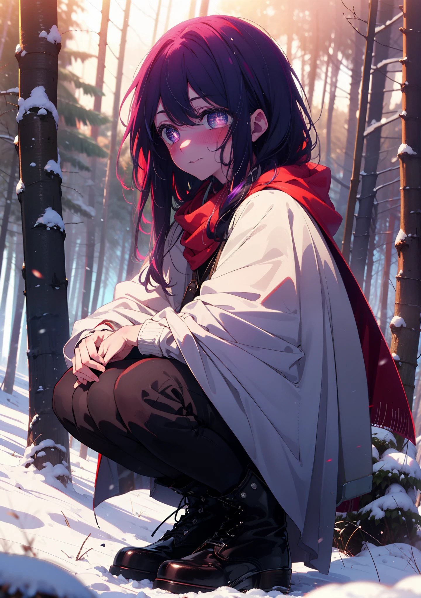 aihoshino, Ai Hoshino, Long Hair, bangs, (Purple eyes:1.1), Purple Hair, (Symbol-shaped pupil:1.5), smile,,smile,blush,white breath,
Open your mouth,snow,Ground bonfire, Outdoor, boots, snowing, From the side, wood, suitcase, Cape, Blurred, , forest, White handbag, nature, Squat, Mouth closed, Cape, winter, Written boundary depth, Black shoes, red Cape break looking at viewer, Upper Body, whole body, break Outdoor, forest, nature, break (masterpiece:1.2), Highest quality, High resolution, unity 8k wallpaper, (shape:0.8), (Beautiful and beautiful eyes:1.6), Highly detailed face, Perfect lighting, Extremely detailed CG, (Perfect hands, Perfect Anatomy),