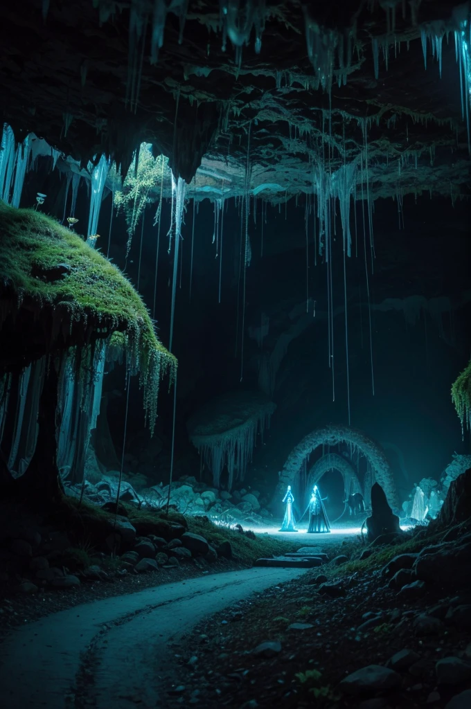 Create a scene of an underground world lit by luminescent crystals. Huge stalactites and stalagmites, covered in bioluminescent moss, form a natural labyrinth. A river of lava snakes through the ground, illuminating the cave with its warm glow. At the center, there is an ancient portal made of runestones, emanating an ethereal blue light. fantastic creatures, like fire salamanders and giant bats, inhabit this mysterious world.