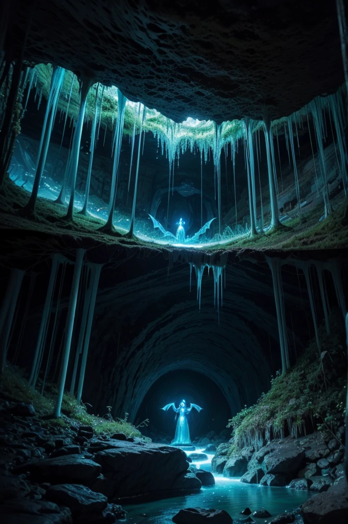 Create a scene of an underground world lit by luminescent crystals. Huge stalactites and stalagmites, covered in bioluminescent moss, form a natural labyrinth. A river of lava snakes through the ground, illuminating the cave with its warm glow. At the center, there is an ancient portal made of runestones, emanating an ethereal blue light. fantastic creatures, like fire salamanders and giant bats, inhabit this mysterious world.