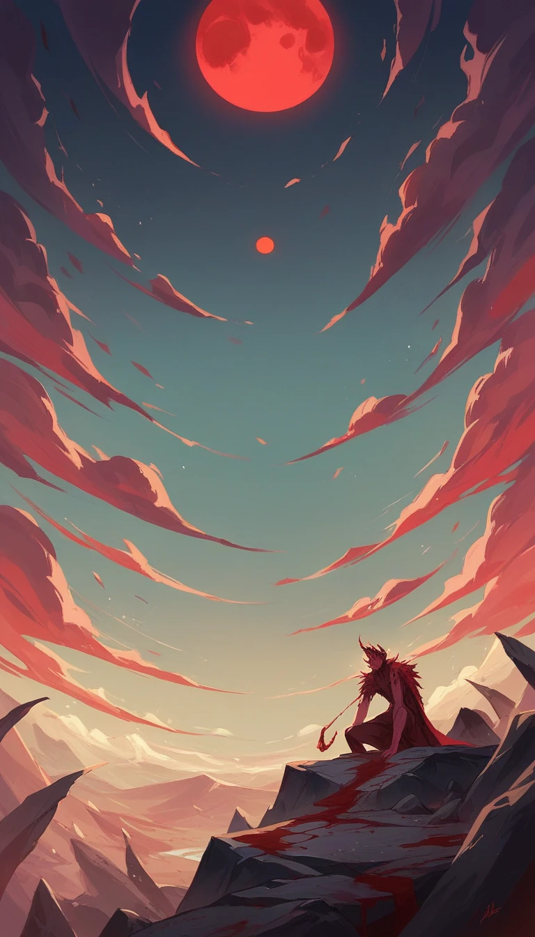 Make the bottom of a satanic kingdom an outdoor altar at night, gray and red cloudy sky, hills and rocks, Blood red moon