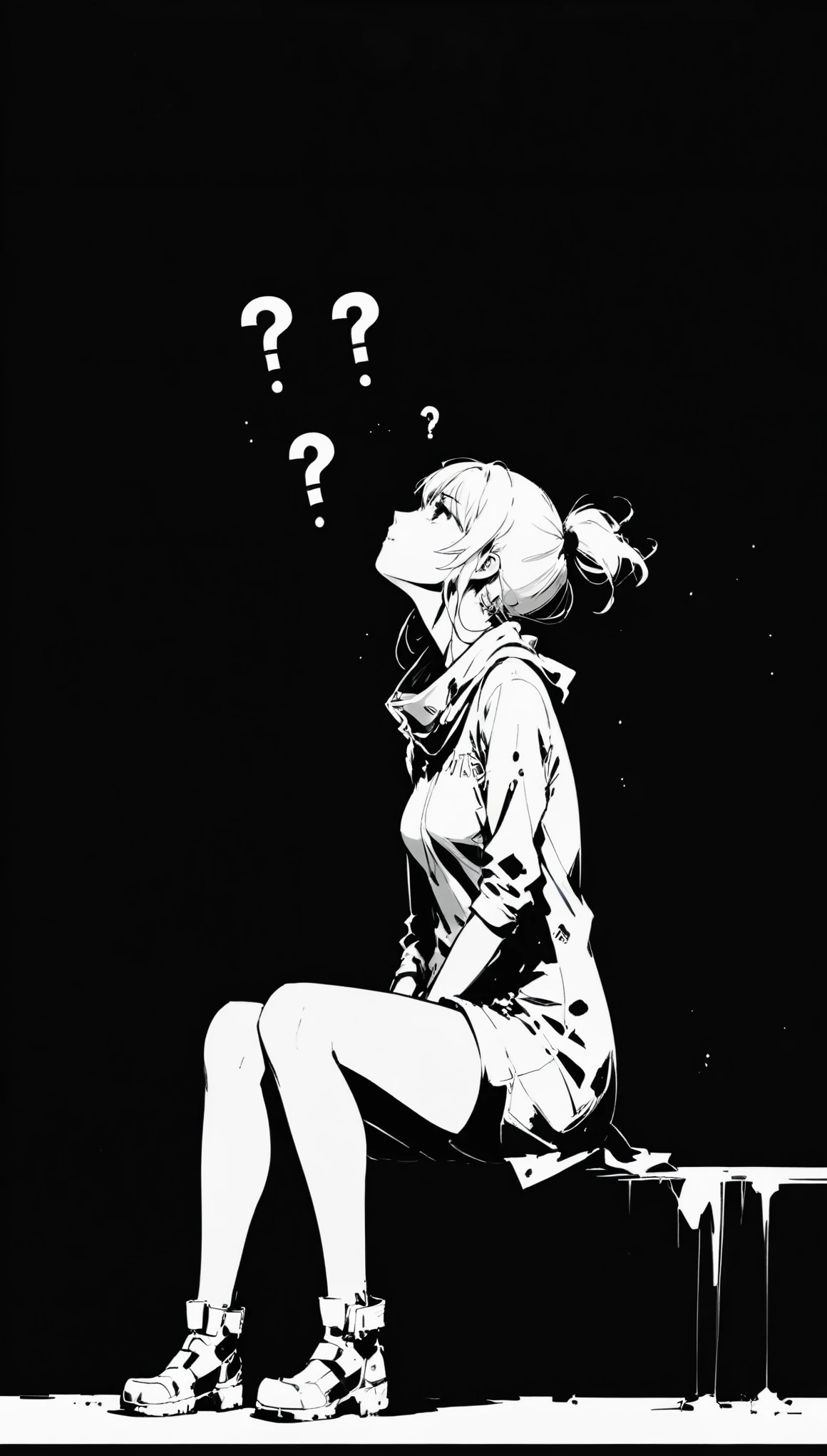 (in style of Ashley Wood:1.1),
1girl,knees apart feet together,?,large areas of white space,black_background,minimalist background,sitting,at the bottom of the screen,(looking up side:1.5),from the side,comic,