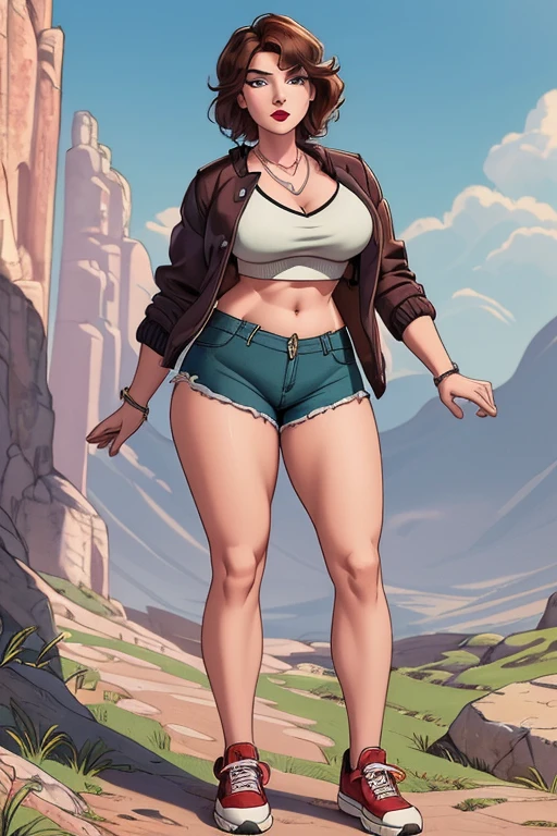 (masterpiece:1.2), (best quality), (ultra detailed), (Cowboy-shot:1.2), (highly detailed:1.2),(detailed face:1.2), (full body portrait:1.2), (dynamic pose:1.2), (rule of third_composition:1.3), (Line of action:1.2), Aunt Cass, Aunt Cass Big Hero 6, MILFs, one woman, Mature female, brown hair, mid-length wavy hair, big green eyes, pale skin, round face, arrogant smile, thin eyebrows, Curvilinear waist, Looking at the Viewer, sensual cleavage, full breasts, Mature Face, curvy female, thick thighs, voluptuous female, soft breasts, Female focus, Mom's breasts, mommy, charming countenance, Imposing female, ((Wearing crop-top, jacket, short-shorts and sneakers)), silver necklace with a pendant, red lips, short hair, very adventurous, (detailed background), outdoors, detailed landscape, wide shot, daylight, (jacket, crop-top, shorts:1.2), posing for the camera,