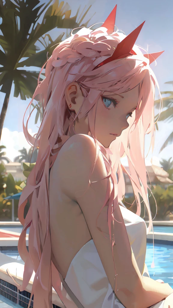 Anime girl with pink hair sitting by pool in palm trees, ross tran. scenery background, Guweiz on ArtStation Pixiv, Guweiz in Pixiv ArtStation, photorealistic anime girl rendering, Guviz-style artwork, Anime. Soft lighting, Smooth anime CG art, 4K anime wallpaper, Beautiful anime girl, Detailed digital anime art